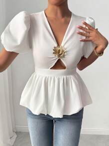 Chiquease Women's Spring/Summer Cap Sleeve V-Neck Cutout Elegant Romantic Sweet Cap Sleeve 3D Embroidered Metallic Floral Fitted Cropped Peplum Blouse, Suitable For Music Festival, Mother's Day, Casual Summer Wear - White - View 4