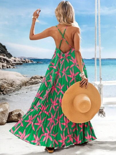 Vivid Eden Summer Out Holiday Date Dress, Summer Lady Big A Place Pleated Holiday Print Halter Long Dress, Holiday Summer Beach Dress, Back-To-School Dress, Very Simple Dress, Office Dress, Old Money Dress, Teacher Dress, Dating Dress, Go Out To Participate In Bestie Afternoon Tea Shopping Casual Dress,Sun Dress