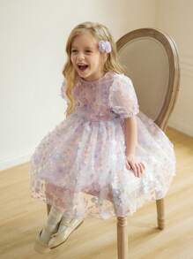 SHEIN 少女新品圆领短袖立体蝴蝶网纱收腰连衣裙适合正式场合穿着舒适时尚优雅甜美可爱如公主裙 - 彩色 - 查看 6