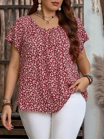 EMERY ROSE Plus Size Women All-Over Floral Print Short Sleeve Casual Shirt,Boho For Women/Summer,Vacation Outfits Woman,Flower/Spring