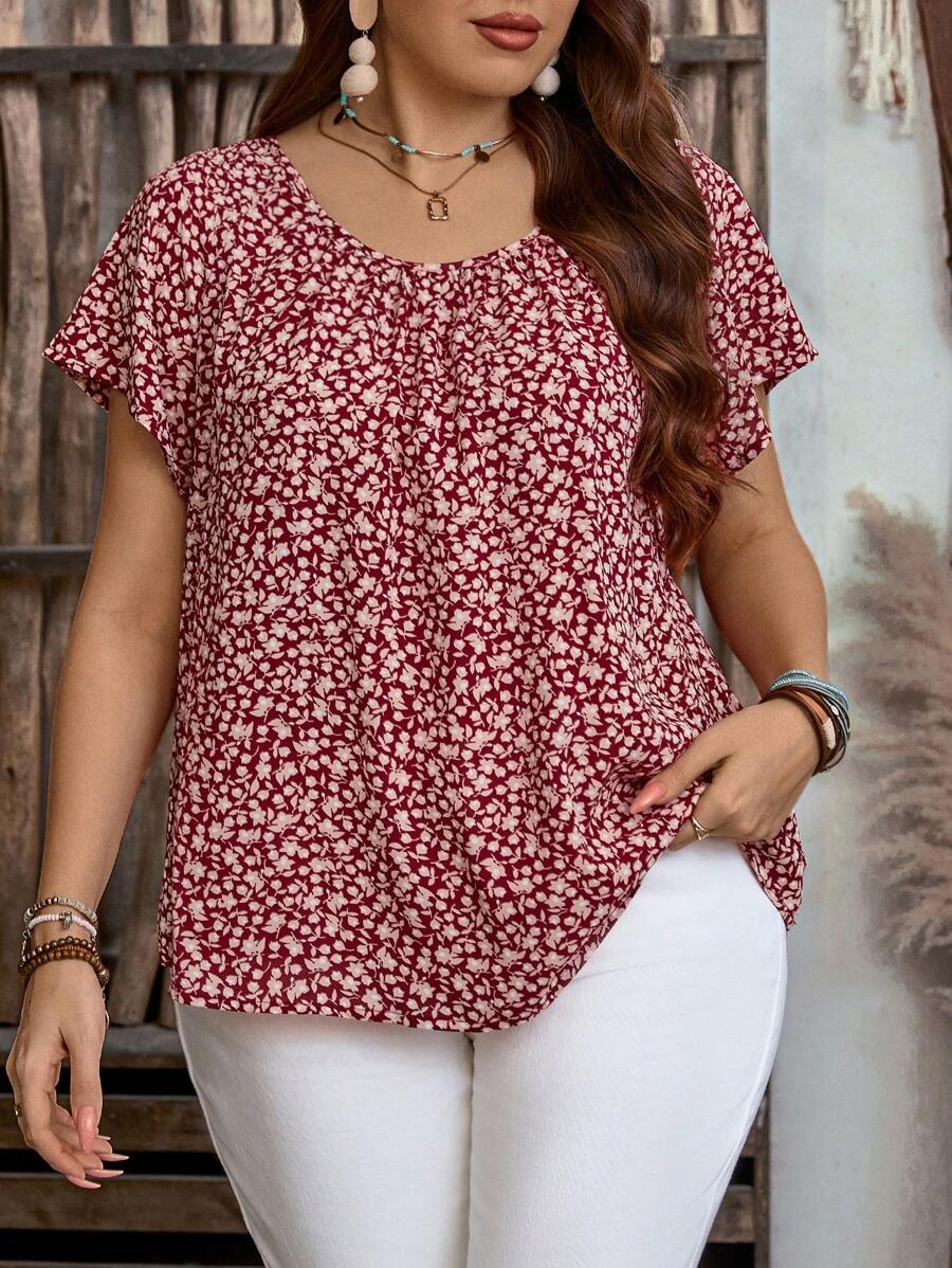 EMERY ROSE 大码女式全身花卉印花短袖休闲衬衫，女式波西米亚风/夏季，女士度假装 - 紅色 - 查看 1