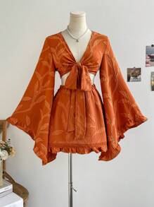 Soleia 女士度假柳枝纹理面料荷叶边 V 领喇叭袖衬衫和荷叶边下摆 A 字裙 2 件套，适合嬉皮士、音乐节、派对 - 彩色 - 查看 4