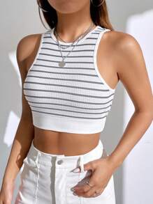 Muchica Summer Striped White Print Crop Tank Top White Tops - Light Grey - View 6