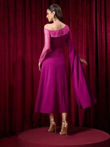 Modelyn Vestido largo de manga larga con cuello oblicuo de encaje de contraste asimétrico elegante para mujeres, vestido largo minimalista adelgazante de lujo elegante