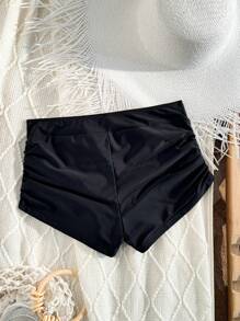 Plain Color Fashionable & Minimalist Swim Bottom With Side Ruched, Swim Shorts For Women, For Summer Beach Vacation - Black - View 4