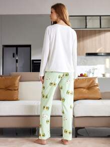 CoupledUp Conjunto de pijama con estampado de aguacate de dibujos animados para mujer, top y pantalón
