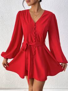 Women's Solid Color Long Sleeve Tied Waist Simple Casual Short Elegant Dress Fall Cloth For Women - Red - View 4