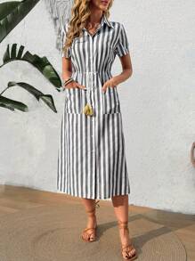 EMERY ROSE 女式前扣短袖条纹休闲衬衫裙 - 黑與白 - 查看 3