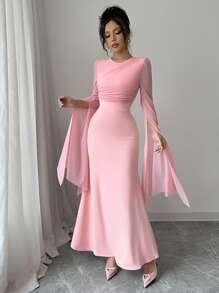 Elenzga Abito elegante da donna con collo rotondo, tinta unita, con spacco e maniche lunghe