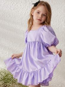 Blossori Young Girls' Purple Elegant Smocked Waist A-Line Puff Sleeve Woven Dress, Spring/Summer - Purple - View 6