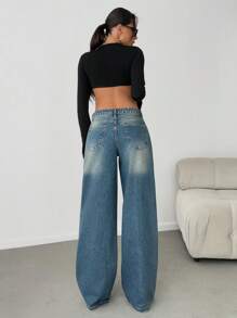 EURMUSE 低腰洗水阔腿牛仔裤 - 中等水洗藍 - 查看 2