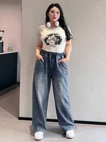 Dazy Petite Plus Plus Size Washed Distressed Loose Wide Leg Long Denim Jeans, All Season,Baggy Jeans - Blue - View 3