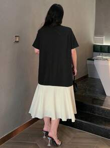 Dazy Petite Plus 加大码圆领宽松拼色中长连衣裙，黑色，春夏太阳裙，休闲女装 - 黑色 - 查看 2