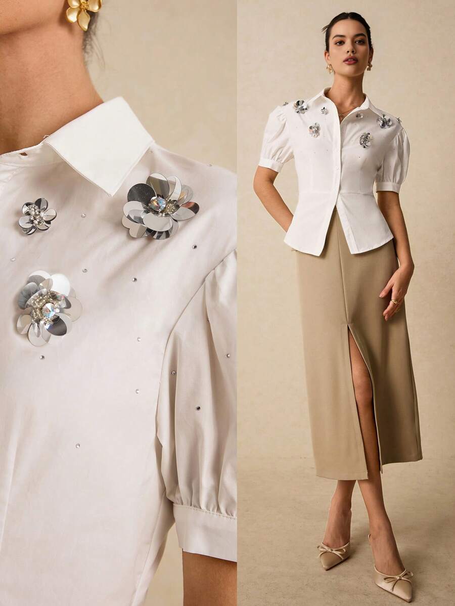 Poéselle Elegant White Cuffed Blouse Embellished With Floral Decorations - Perfect For Stylish Office Looks, Upscale Parties And Fashionable Suits, Office Women's Clothing - White - View 1