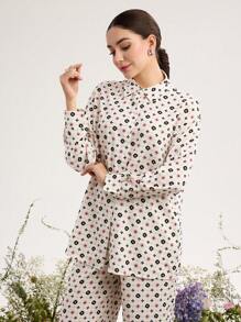 Graceveil 2pcs/Set Women Printed Collared Button-Up Long Sleeve Elasticized Waist - Multicolor - View 6