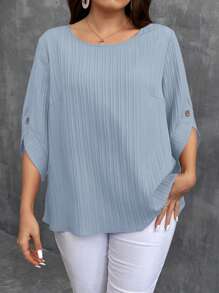 SHEIN LUNE Plus Size Solid Color Round Neck Short Sleeve Button-Up Casual Shirt - Baby Blue - View 1