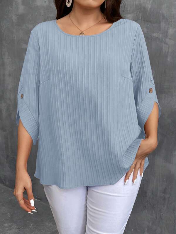 SHEIN LUNE Plus Size Solid Color Round Neck Short Sleeve Button-Up Casual Shirt