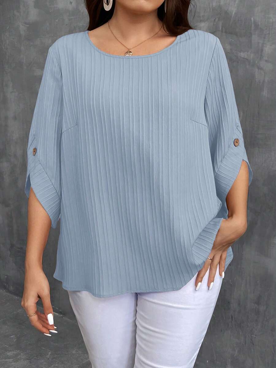 SHEIN LUNE Plus Size Solid Color Round Neck Short Sleeve Button-Up Casual Shirt - Baby Blue - View 1