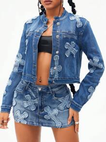 SHEIN ICON 女式十字绣贴片拉链洗水牛仔夹克 - 中等水洗藍 - 查看 3