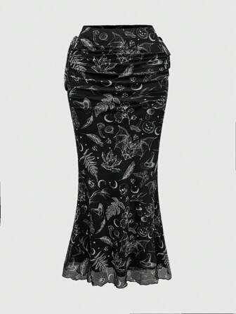 J-Fashion Vintage Moth & Butterfly Print Drawstring Ruched Skirt