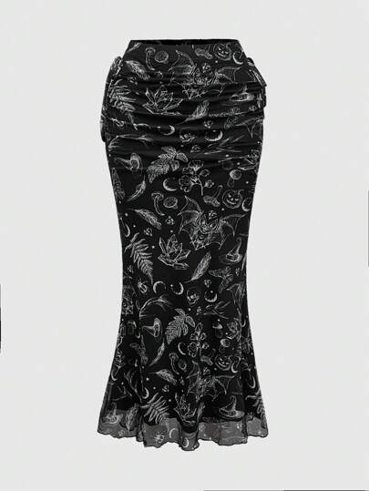 J-Fashion Vintage Moth & Butterfly Print Drawstring Ruched Skirt