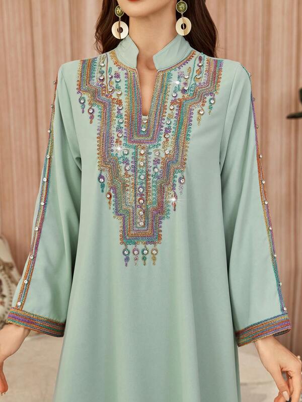 Al Najma Bata holgada con decoración bordada y de strass elegante para mujer, Kaftan modesto