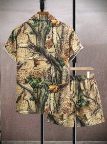 Manfinity RSRT Conjunto de camisa casual de hombre con estampado de árbol para vacaciones - Multicolor - Ver 2