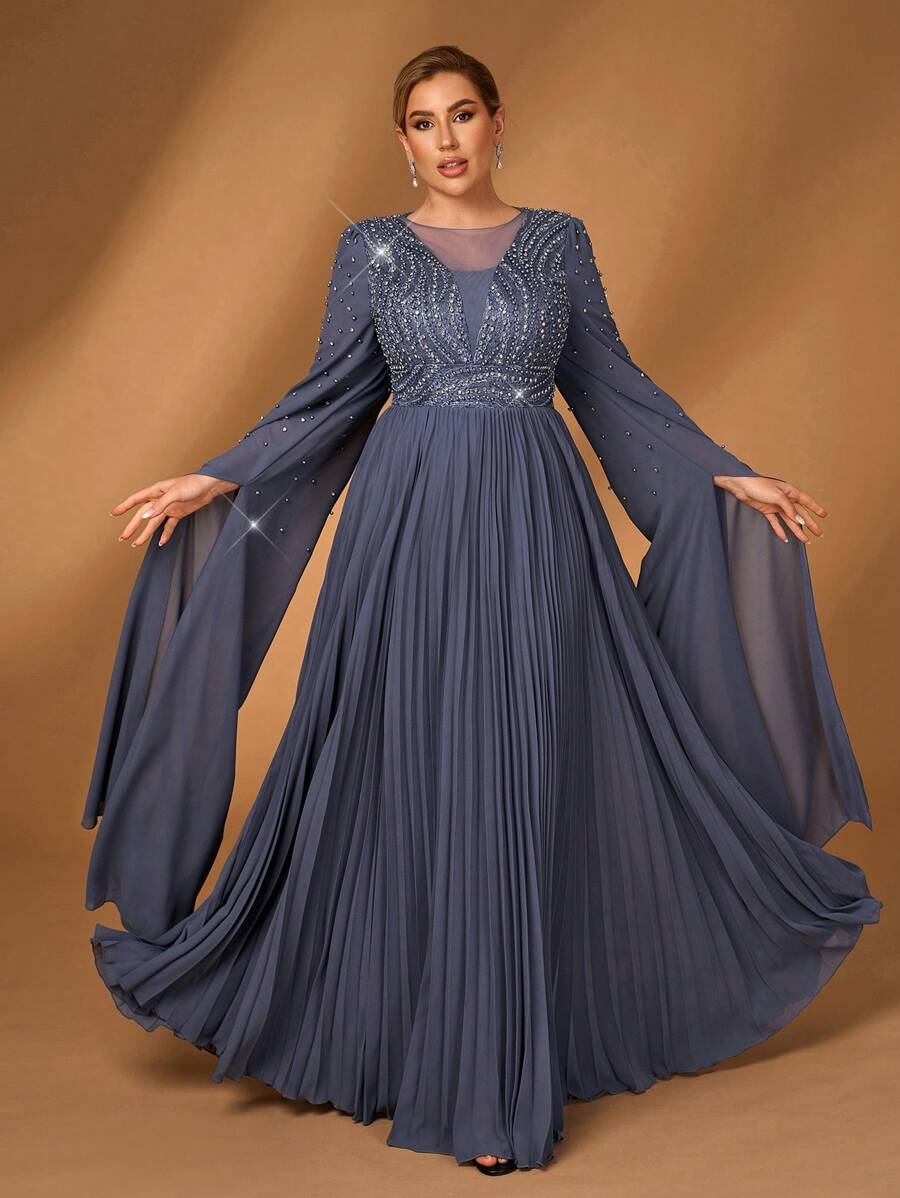 Serin Plus Size Elegant Luxurious Blue Embroidery Beading Stitching Chiffon Pleated A-Line Evening Dress, Mother Of The Bride