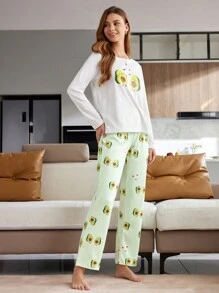 CoupledUp Conjunto de pijama con estampado de aguacate de dibujos animados para mujer, top y pantalón
