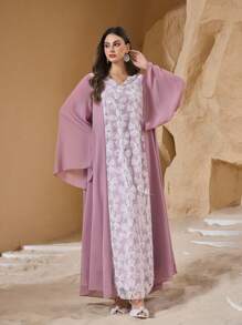 Al Najma 女士 V 领亮片刺绣喇叭袖宽松朴素浪漫优雅土耳其和阿拉伯传统长裙、卡夫坦和贾拉比亚 - 粉色 - 查看 6