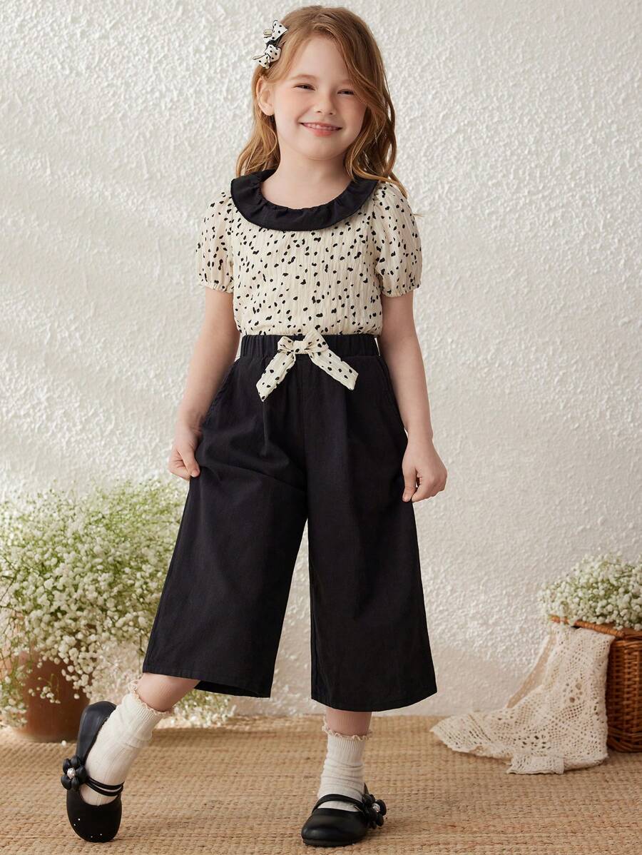 Blossori Spring & Summer Elegant Young Girls Set: French Style Apricot Base Black Polka Dot Blouse & Black Woven 7/8 Pants - Black and White - View 1