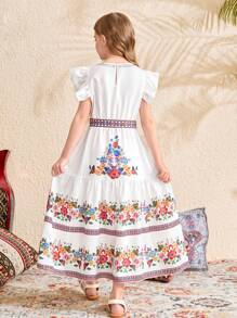 SHEIN Leap Crew Tween Girls Floral Retro Print Ruffle Trim Cap Sleeve Dress, Vacation Dress, Suitable For Garden Tea, Spring Outing And Vacation - White - View 2