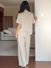 DAZY Striped Simple Texture Chiffon Fabric Women Sleepwear Set Pajama - Black and White - View 2