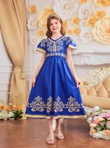 Tween Girl Traditional Arabic Clothing Sleeveless Holiday Dress, Gold Pattern Retro Print, Spring/Summer - Blue - View 4