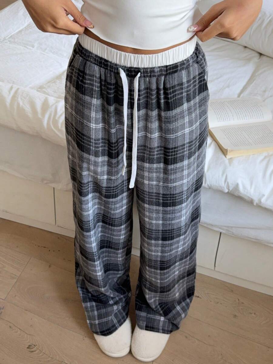 Muchica Women's Solid Color Splice Lace-Up Front Simple Style Casual Long Pants, For Daily Wear - Black and White - View 1