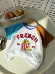SHEIN 1pc Young Boys Casual Korean Style Loose Raglan Sleeve Colorblock Round Neck Short Sleeve Tee, Cute Fry Print, Comfy Jersey Knit, Suitable For Spring/Summer, School, Home, Daily, Sport, Birthday Party, Vacation, Versatile & Minimalist