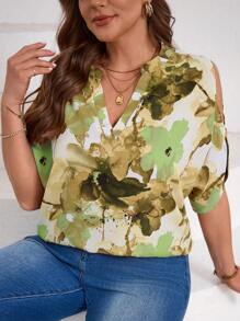 SHEIN Clasi Plus Size Women Floral Print Half Sleeve Casual Vacation Shirt - Green - View 3