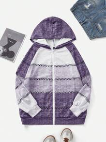 SHEIN LUNE Gradient Crochet Pattern Front Zip Hooded Cardigan Sweater Plus Size - Purple - View 1