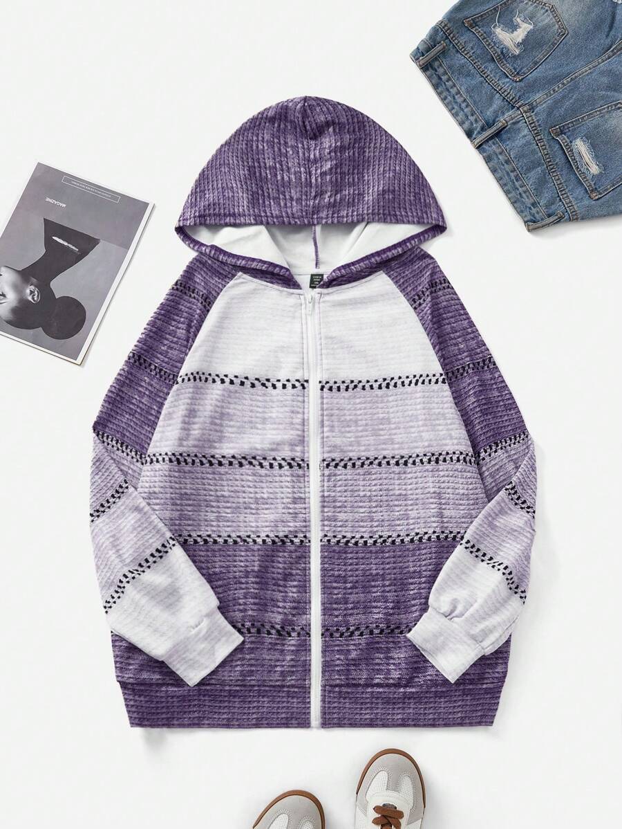 SHEIN LUNE Gradient Crochet Pattern Front Zip Hooded Cardigan Sweater Plus Size - Purple - View 1