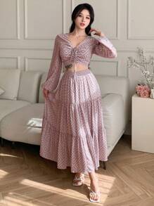 DAZY 2pcs Set Bohemian Style V-Neck Drawstring Blouse And Elastic Waist Mid-Length Skirt