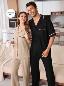 Men's Contrasting Edge Chest Pocket Solid Color Casual Turndown Collar Short Sleeve Pajama Set - Black - View 5