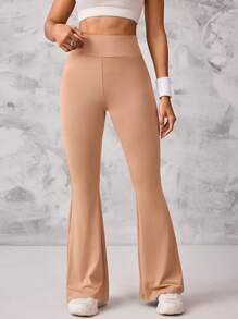 Easithlete 女式纯色高腰喇叭腿运动裤 - 卡其色 - 查看 4