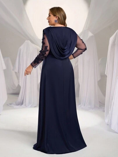 SHEIN Belle Plus Size Elegant Luxurious Vintage Blue Fitted Long Sleeve Applique V-Neck Pleated Maxi Formal Evening Gown, Party Dress, Wedding Guest Dress, Evening Dress