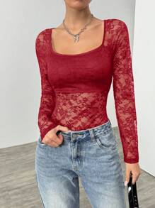 Muchica 红色蕾丝女式高领长袖紧身衣 - 紅色 - 查看 4