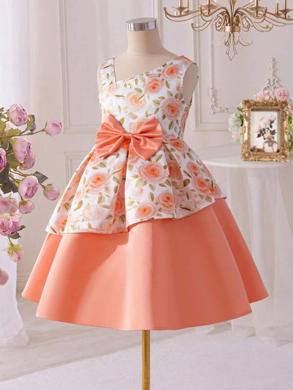 SHEIN Glamorique Kids Tween Girls Elegant Satin Floral Print Sleeveless Summer Princess Dress, Suitable For Daily, Party, Meeting, Displays Graceful, Innocent & Vibe