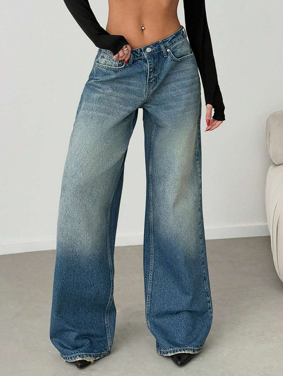 EURMUSE 低腰洗水阔腿牛仔裤 - 中等水洗藍 - 查看 1