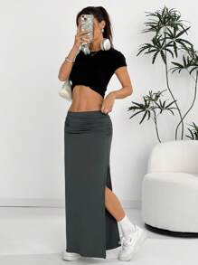 Comfortcana Relaxed Low-Rise Ruched Slit Pencil Skirt, Dark Gray - Grey - View 5