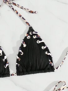 SHEIN Swim 女士夏季海滩系带吊带比基尼套装，带绳索细节，适合音乐节