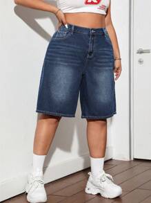 Quần short denim xanh cổ điển cỡ lớn cho nữ - Rửa trung bình - Xem 5