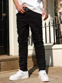 Manfinity LEGND Men's Plain Ripped Casual Denim Jeans, For Everyday Wear - Black - View 6